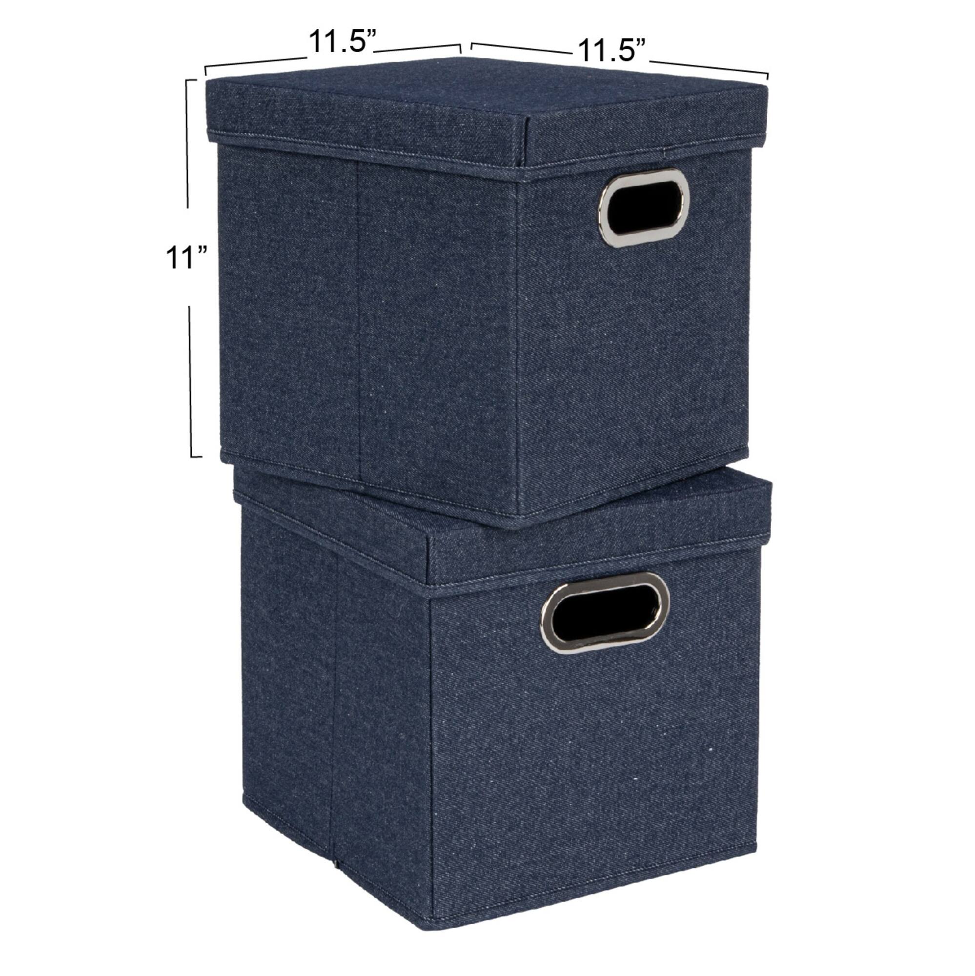 Household Essentials 11.5" Denim Blue Collapsible Cotton Blend Cube Storage Box with Lid, 2ct.